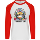 Turn It Up Monkey DJ Headphones Music Mens L/S Baseball T-Shirt White/Red