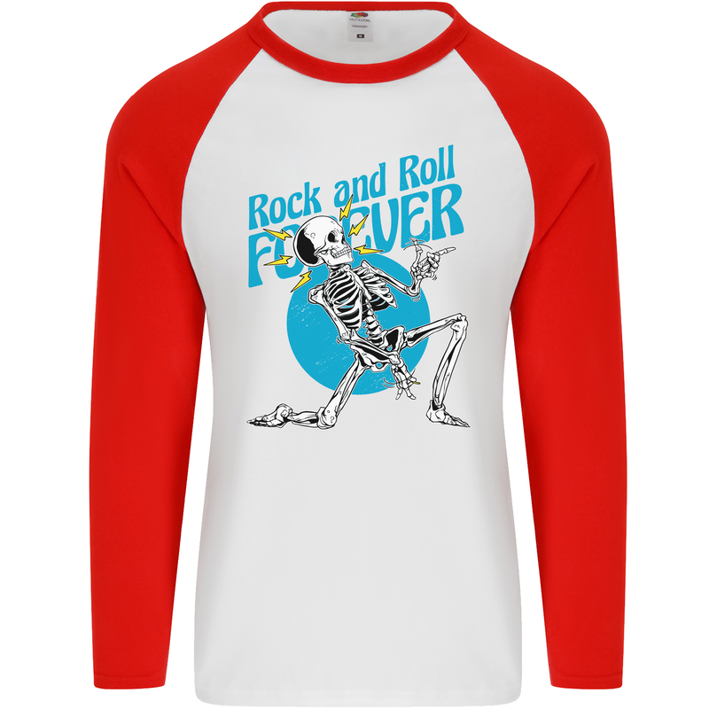 Rock & Roll Forever Air Guitar Skeleton Skull Mens L/S Baseball T-Shirt White/Red