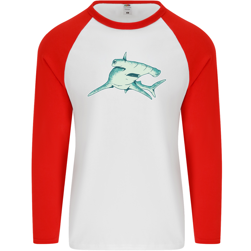 A Hammerhead Shark Mens L/S Baseball T-Shirt White/Red