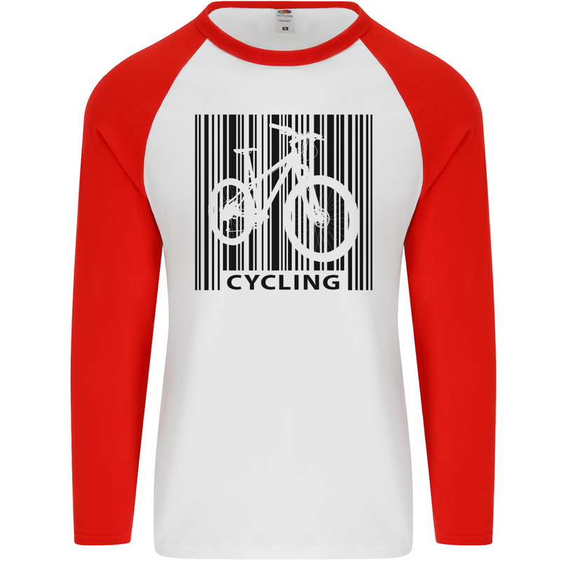 Cycling Barcode Cyclist Bicycle Mens L/S Baseball T-Shirt White/Red