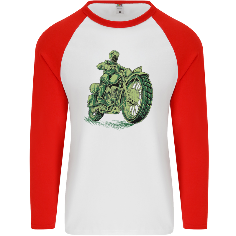 Biker Green Cafe Racer Motorbike Motorcycle Mens L/S Baseball T-Shirt White/Red