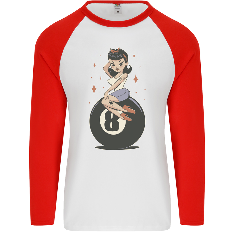 8-Ball Pool Pinup Mens L/S Baseball T-Shirt White/Red