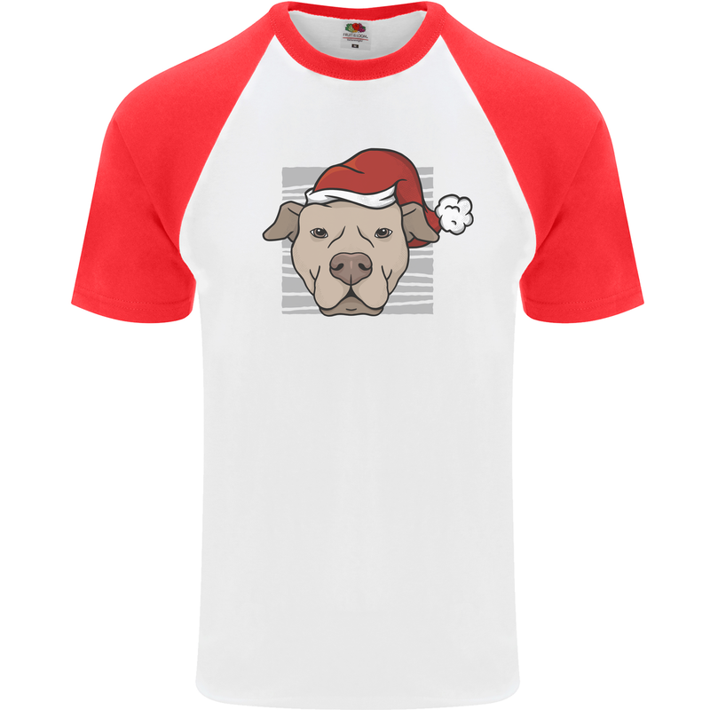 Christmas Pitbull Dog Wearing Xmas Hat Mens S/S Baseball T-Shirt White/Red