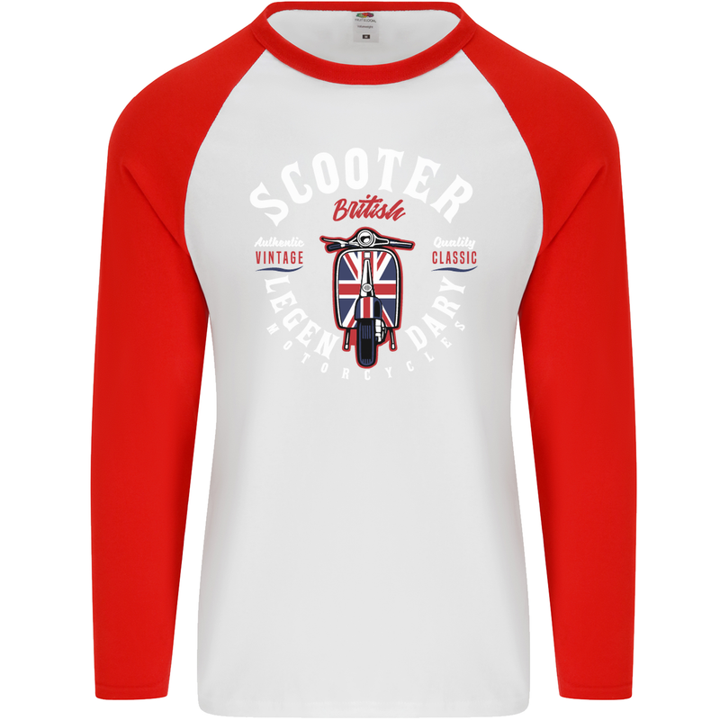 Legendary British Scooter Motorcycle MOD Mens L/S Baseball T-Shirt White/Red