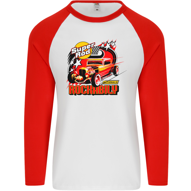 Rockabily Hot Rod Hotrod Dragster Mens L/S Baseball T-Shirt White/Red