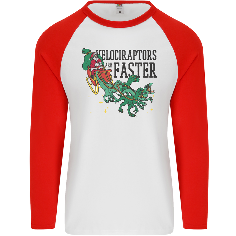 Christmas Velociraptors are Faster Dinosaur Mens L/S Baseball T-Shirt White/Red