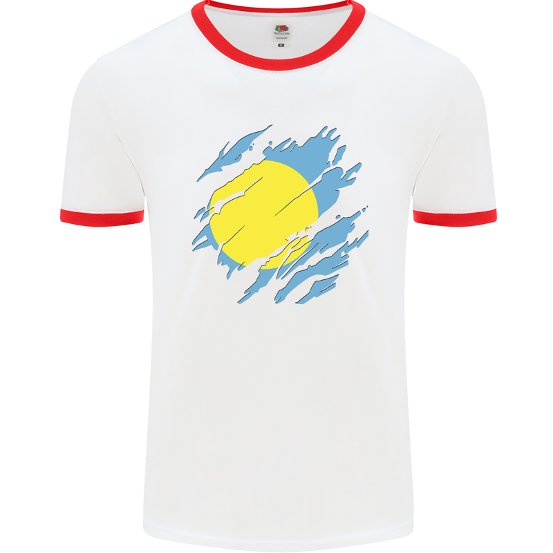 Torn Palau Flag Palauan Day Football Mens Ringer T-Shirt White/Red