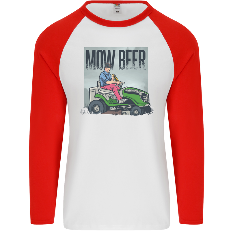 Mow Beer Funny Lawnmower Alcohol Gardening Mens L/S Baseball T-Shirt White/Red