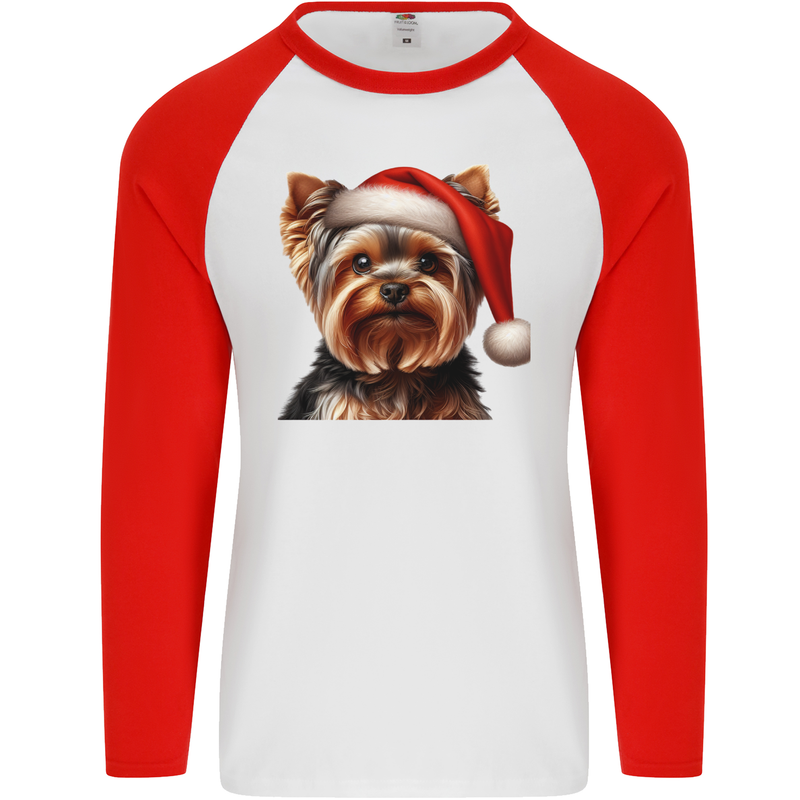 Christmas Yorkshire Terrier Dog Xmas Yorkie Mens L/S Baseball T-Shirt White/Red