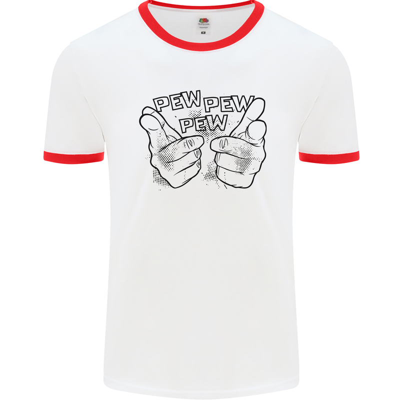 Pew Pew Pew Hands Funny Lightsaber Sci-Fi Mens Ringer T-Shirt White/Red