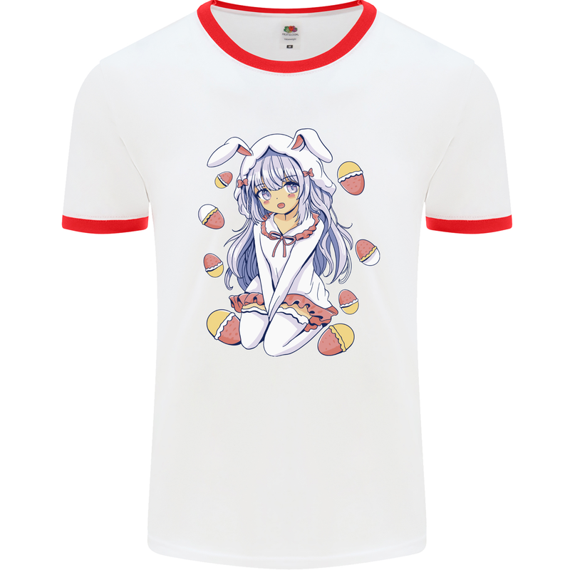 Easter Anime Girl With Eggs and Bunny Ears Mens Ringer T-Shirt White/Red