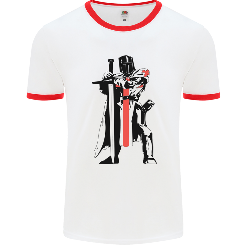 Knights Templar With Broad Sword Mens Ringer T-Shirt White/Red