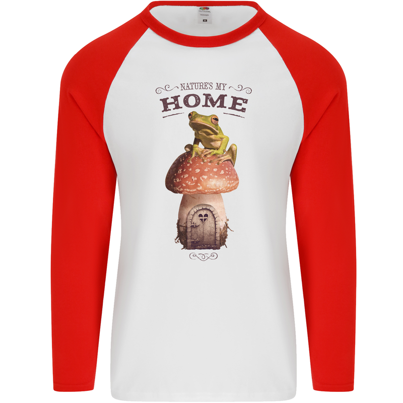 Nature My Home Mushroom Frog Mens L/S Baseball T-Shirt White/Red