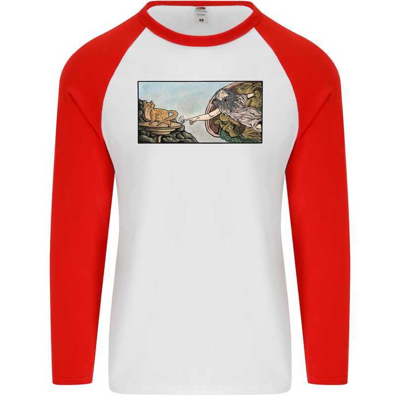 Funny Cat Creation Mens L/S Baseball T-Shirt White/Red