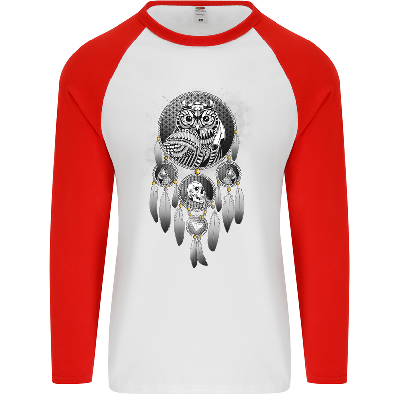 Bring the Nightmare Tribal Owl Skull Gothic Mens L/S Baseball T-Shirt White/Red