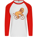 Cycling A Lion Riding a Bicycle Mens L/S Baseball T-Shirt White/Red