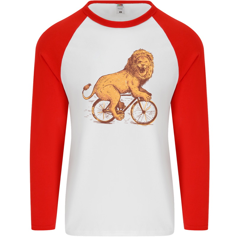 Cycling A Lion Riding a Bicycle Mens L/S Baseball T-Shirt White/Red