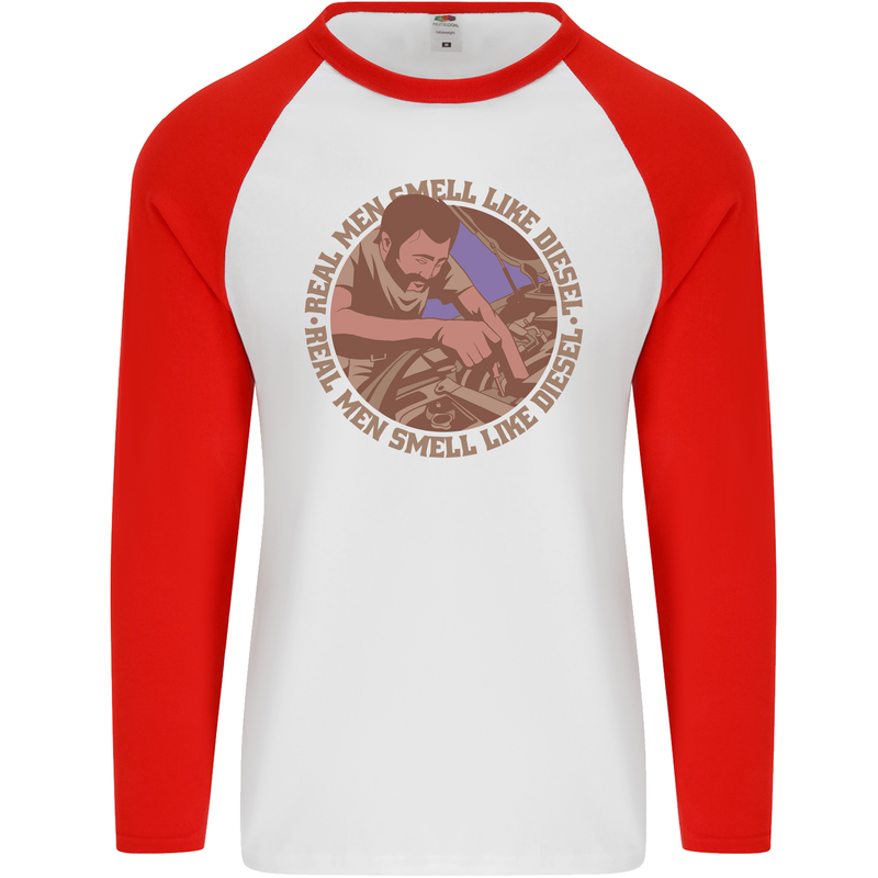 Mechanic Real Men Smell Like Diesel Mens L/S Baseball T-Shirt White/Red