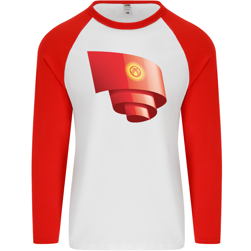 Curled Kyrgyzstan Flag Kyrgyz Day Football Mens L/S Baseball T-Shirt White/Red