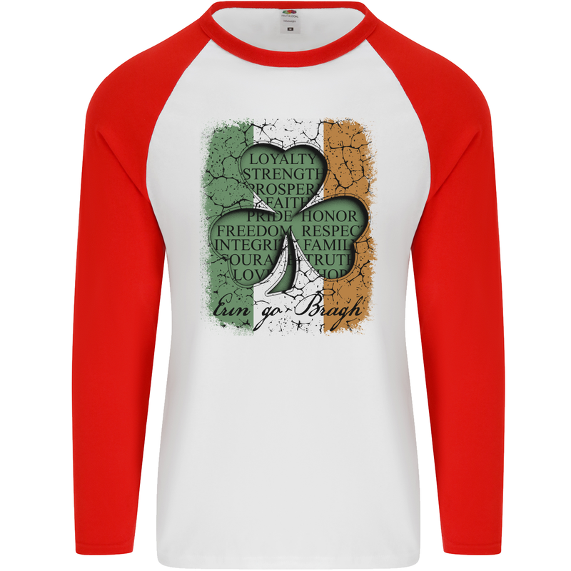 St Patricks Day Shamrock 3 Leaf Clover Mens L/S Baseball T-Shirt White/Red