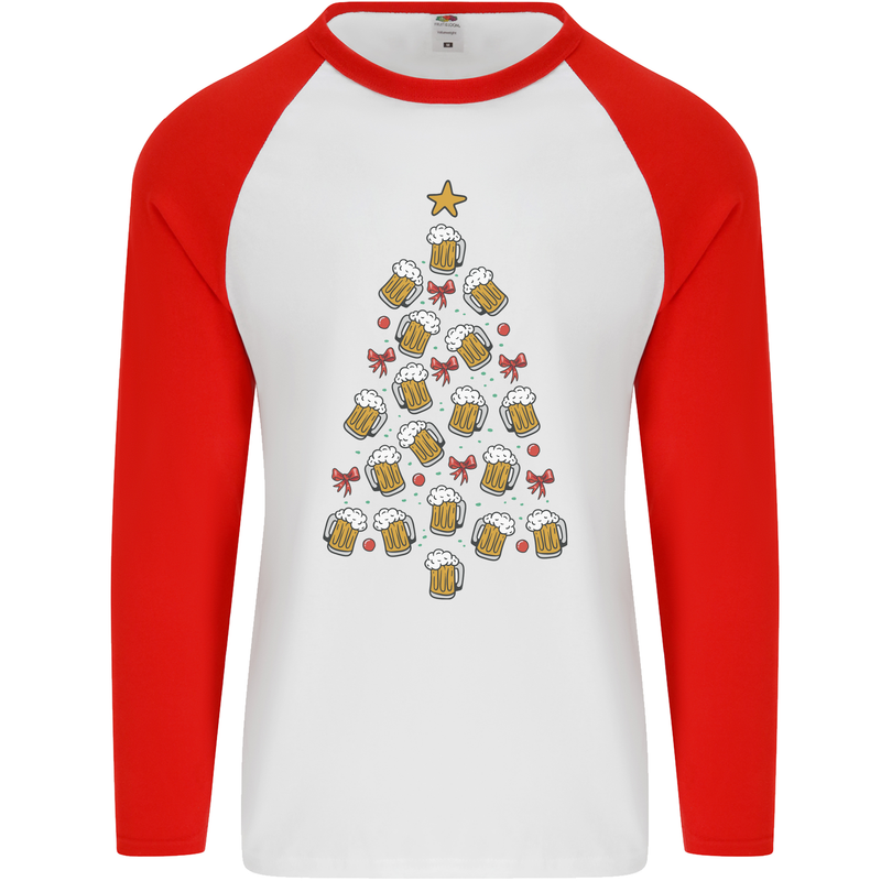 Beer Christmas Tree Mens L/S Baseball T-Shirt White/Red