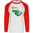 Curled India Flag Indian Day Football Mens L/S Baseball T-Shirt White/Red
