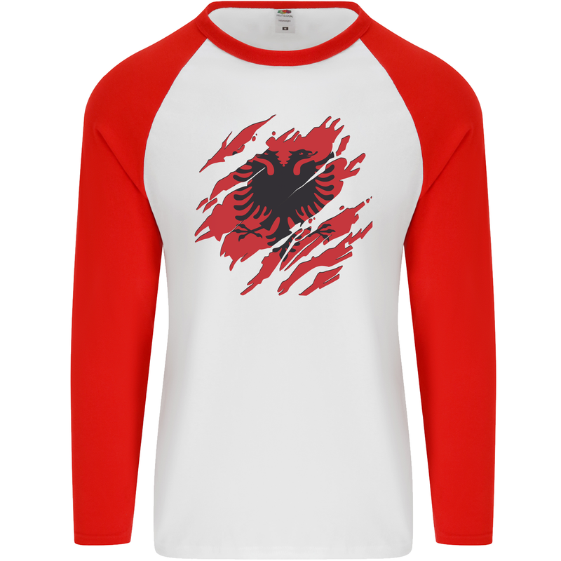 Torn Albania Flag Albanian Day Football Mens L/S Baseball T-Shirt White/Red