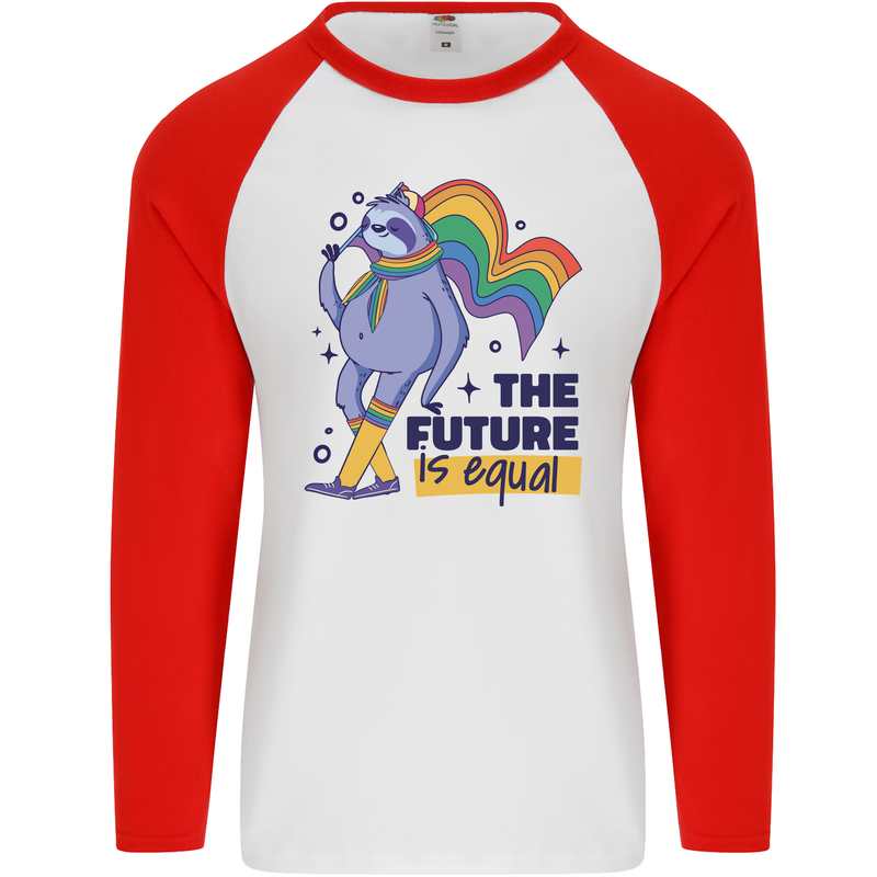 LGBT Sloth The Future Is Equal Gay Pride Mens L/S Baseball T-Shirt White/Red