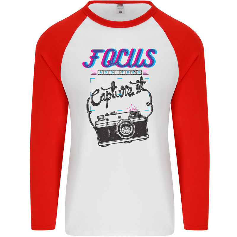 Focus and Then Capture It Photography Mens L/S Baseball T-Shirt White/Red