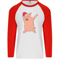 Christmas Dabbing Pig Wearing an Xmas Hat Mens L/S Baseball T-Shirt White/Red