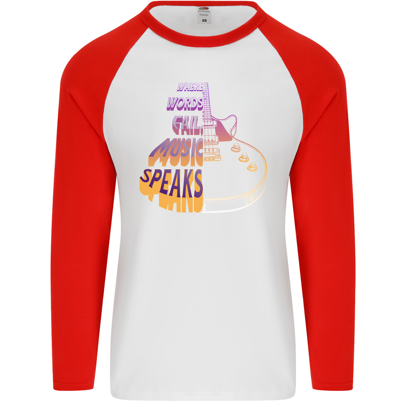 Where Words Fail Music Speaks Guitar Rock Mens L/S Baseball T-Shirt White/Red