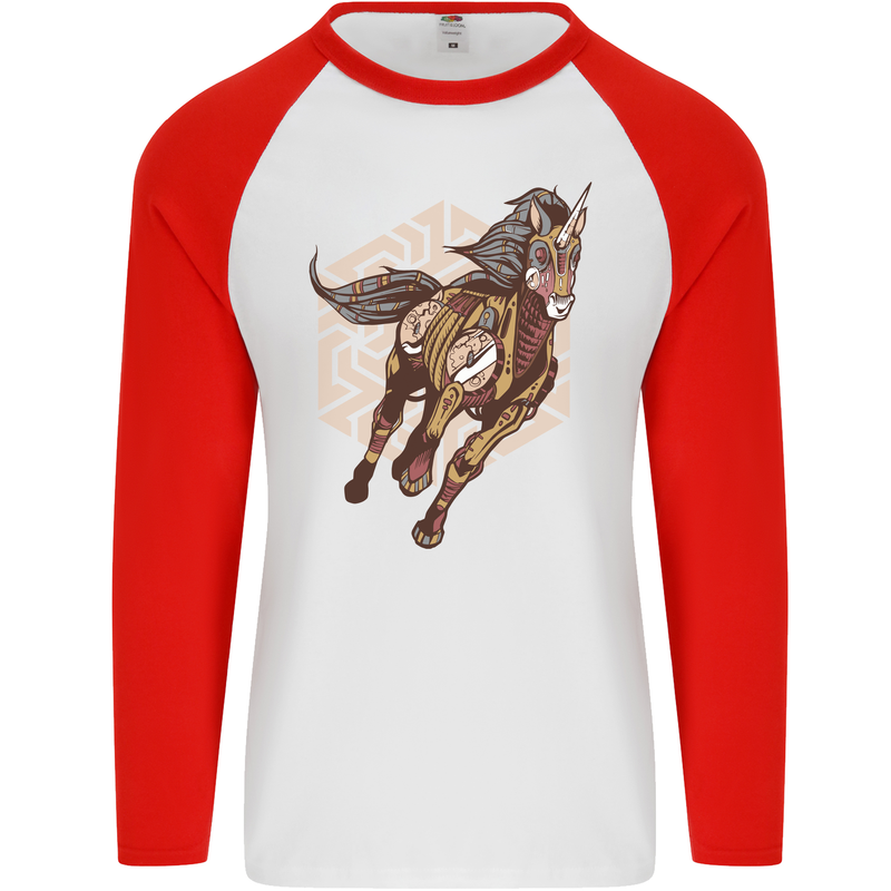 Steampunk Unicorn Mens L/S Baseball T-Shirt White/Red