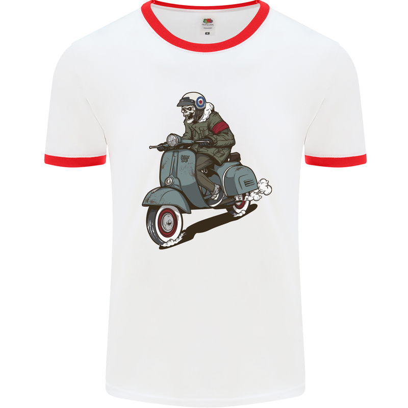 Scooter Skull Biker Motorcycle MOD Mens Ringer T-Shirt White/Red