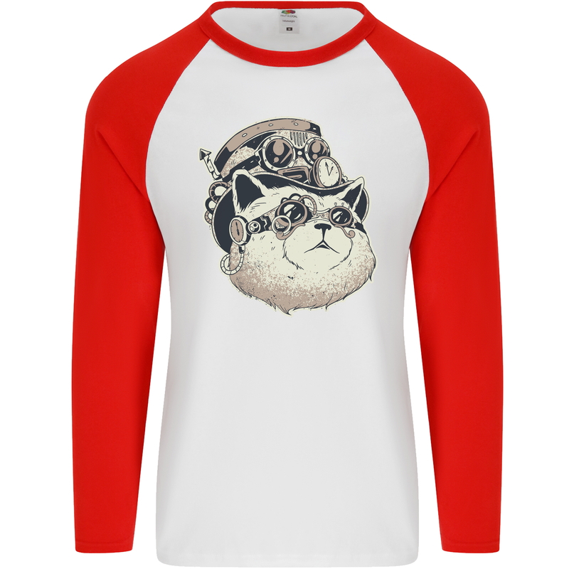 Steampunk Cat Mens L/S Baseball T-Shirt White/Red