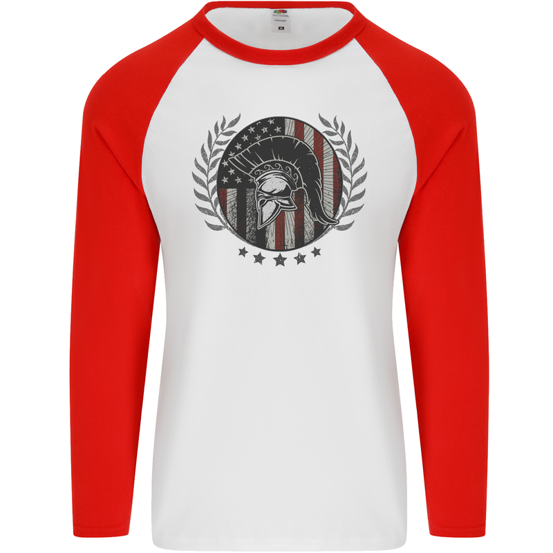 USA Bodybuilding Flag Gym Training Spartan Mens L/S Baseball T-Shirt White/Red