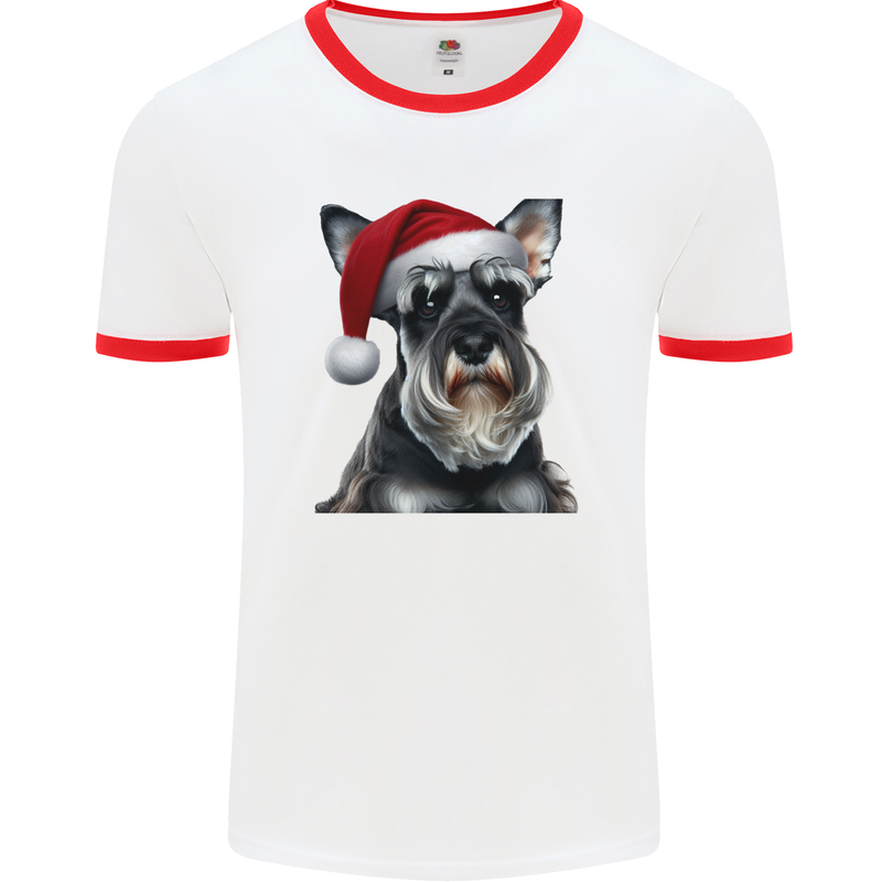 Christmas Schnauzer Dog Xmas Hat Mens Ringer T-Shirt White/Red