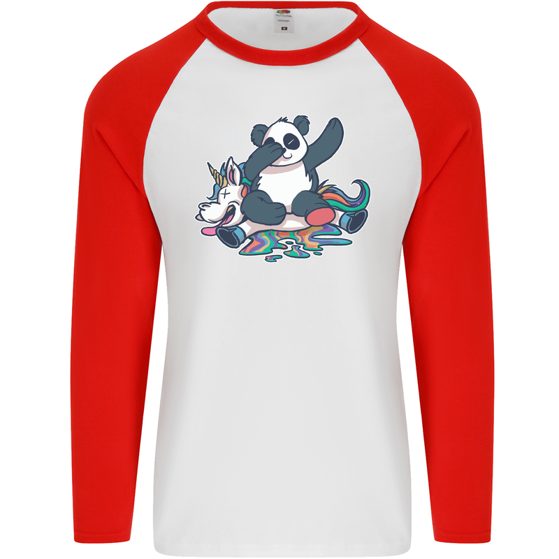 Dabbing Panda Squashing a Unicorn Funny Mens L/S Baseball T-Shirt White/Red