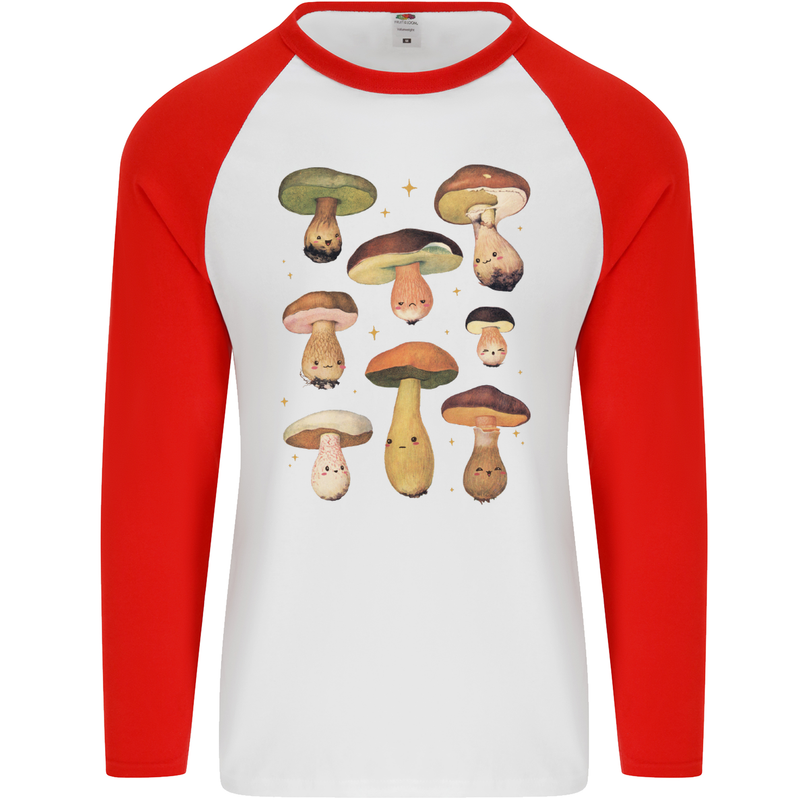 Mushroom Faces Foraging Mycology Mens L/S Baseball T-Shirt White/Red