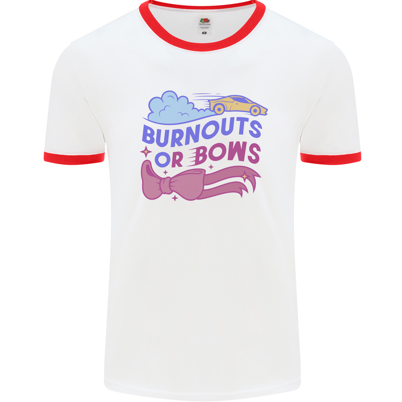 Burnouts or Bows Gender Reveal New Baby Pregnant Mens Ringer T-Shirt White/Red