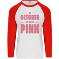 Breast Cancer Awareness In October Pink Mens L/S Baseball T-Shirt White/Red