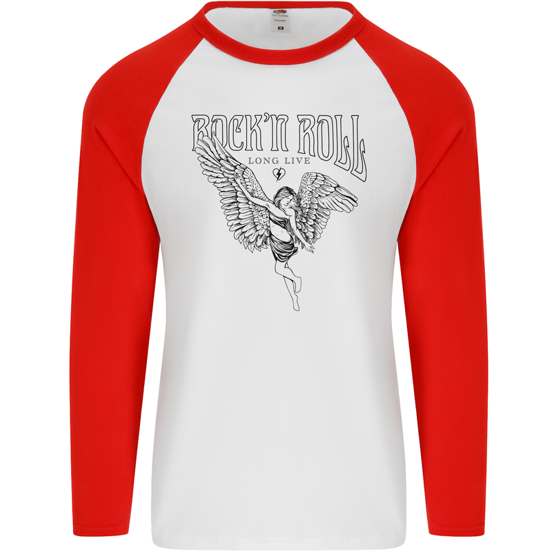 Long Live Rock n Roll Angel Mens L/S Baseball T-Shirt White/Red