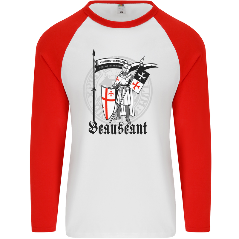 Knights Templar St Georges Day Beauseant Mens L/S Baseball T-Shirt White/Red