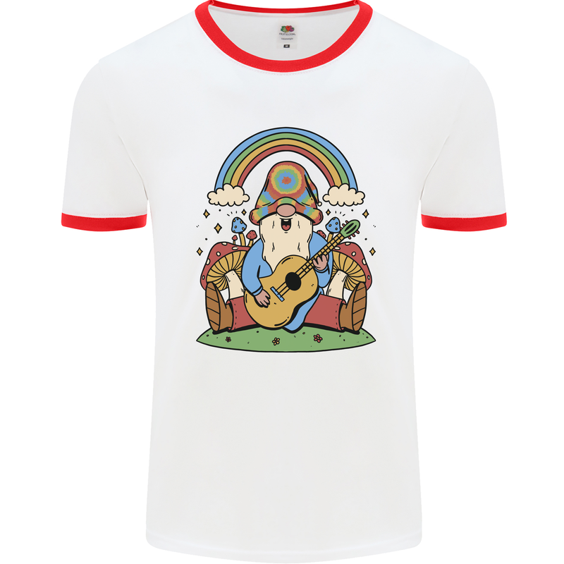 Trippy Guitar Hippy Gnome Magic Mushrooms Mens Ringer T-Shirt White/Red