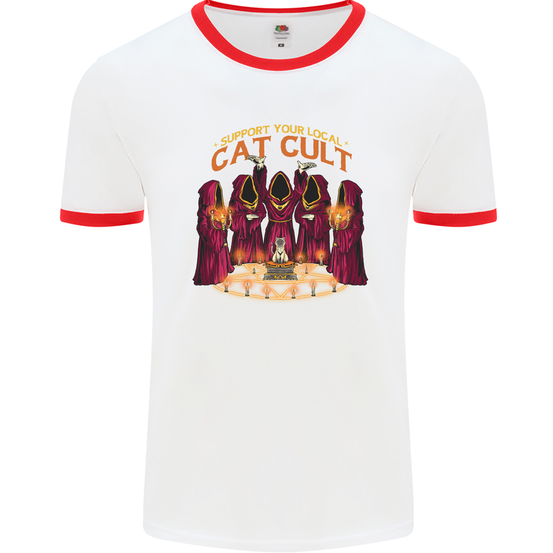 Cat Cult Evil Feline Devil Worship Satanic Mens Ringer T-Shirt White/Red