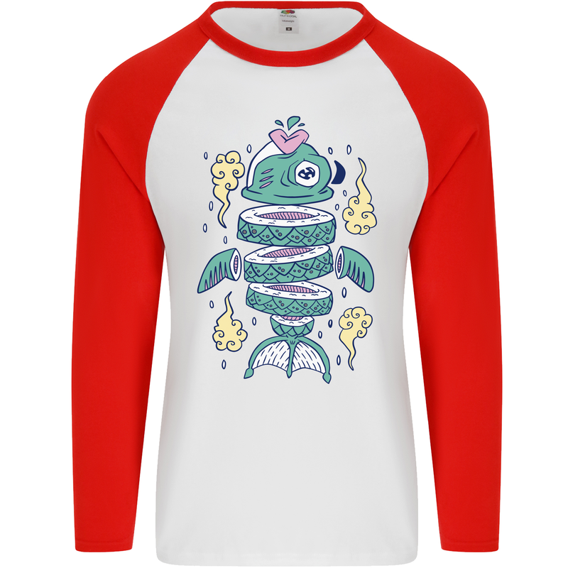 Funny Sliced Sushi Fish Fishing Fisherman Mens L/S Baseball T-Shirt White/Red