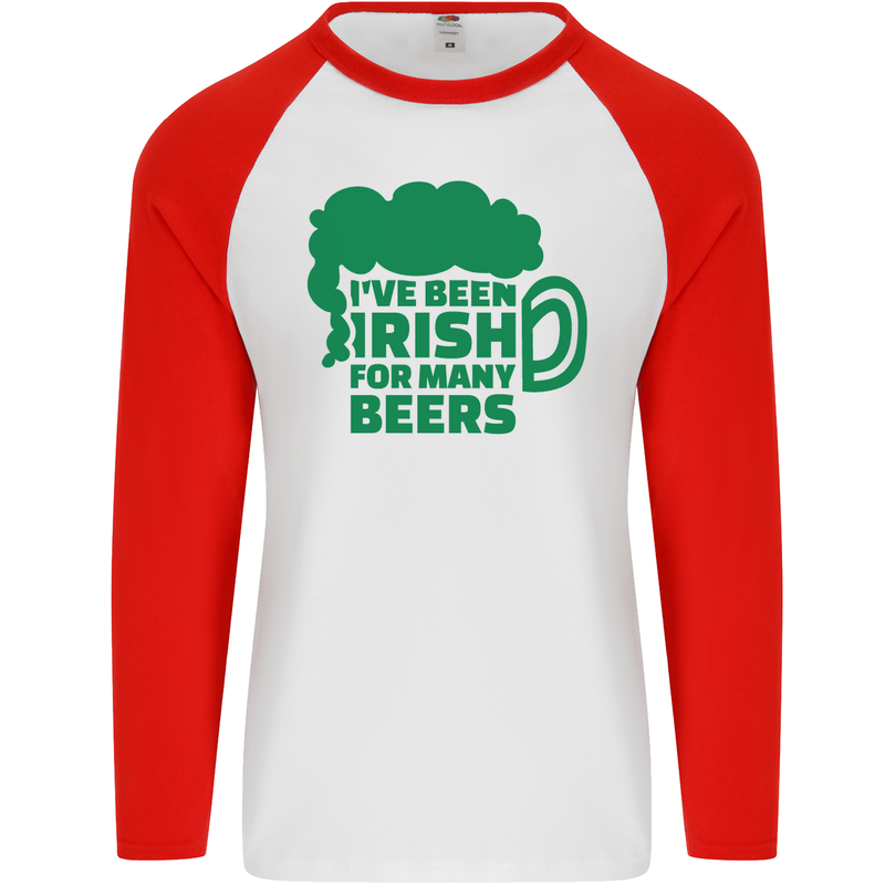 Been Irish for Many Beers St. Patrick's Day Mens L/S Baseball T-Shirt White/Red