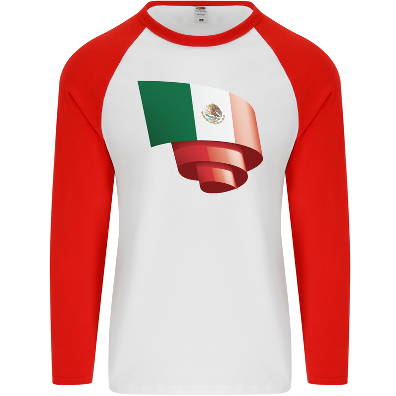 Curled Mexico Flag Mexican Day Football Mens L/S Baseball T-Shirt White/Red