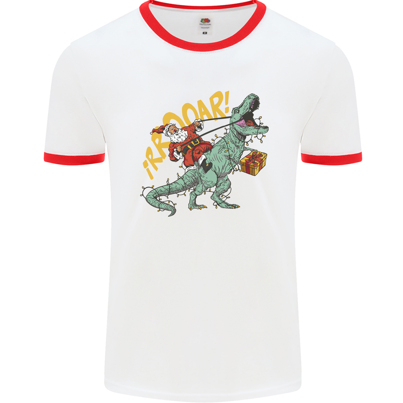 Santa Claus Riding a T-Rex Dinosaur Christmas Mens Ringer T-Shirt White/Red