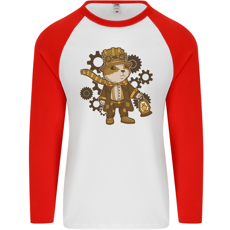 Steampunk Hamster Mens L/S Baseball T-Shirt White/Red