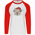 Christmas Pitbull Dog Wearing Xmas Hat Mens L/S Baseball T-Shirt White/Red